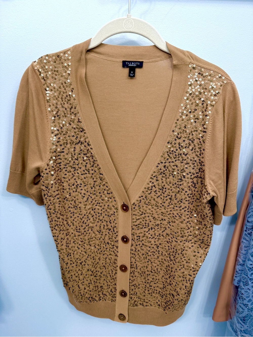 Talbots Sequin-Embellished Short Sleeve Cardigan - Camel